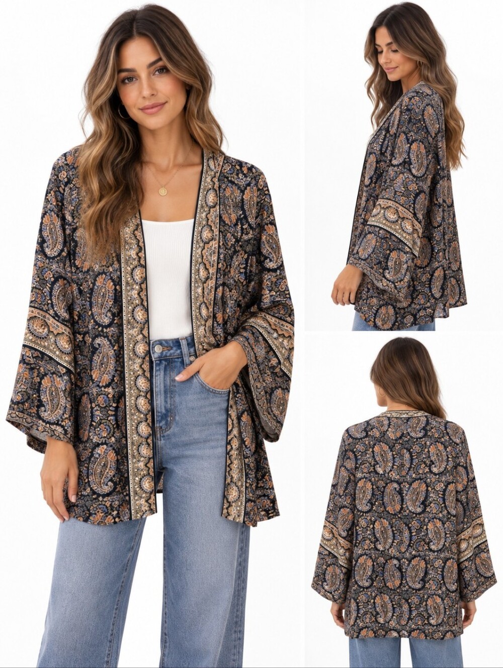 Belle Boho Kim Gravel Paisley Kimono Cardigan S Black Bohemian Duster